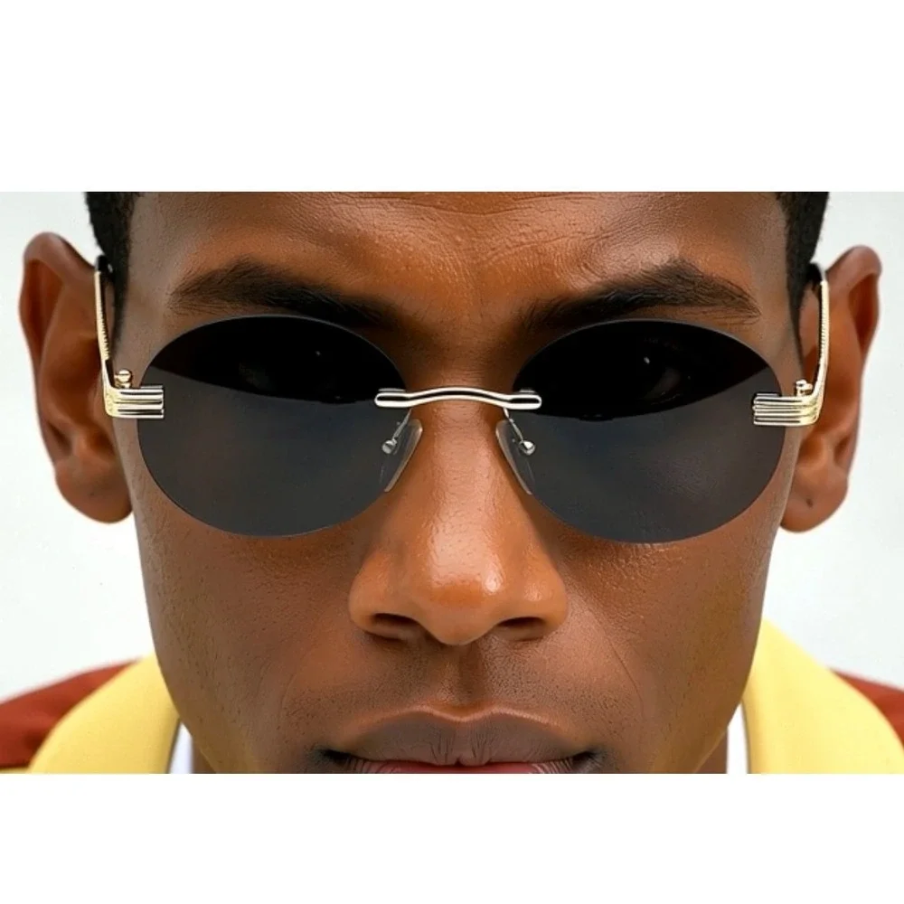 Rimless‎ Sunglasses Oval Lens Gold Frame Fashion Trendy Style Street Wear Migos